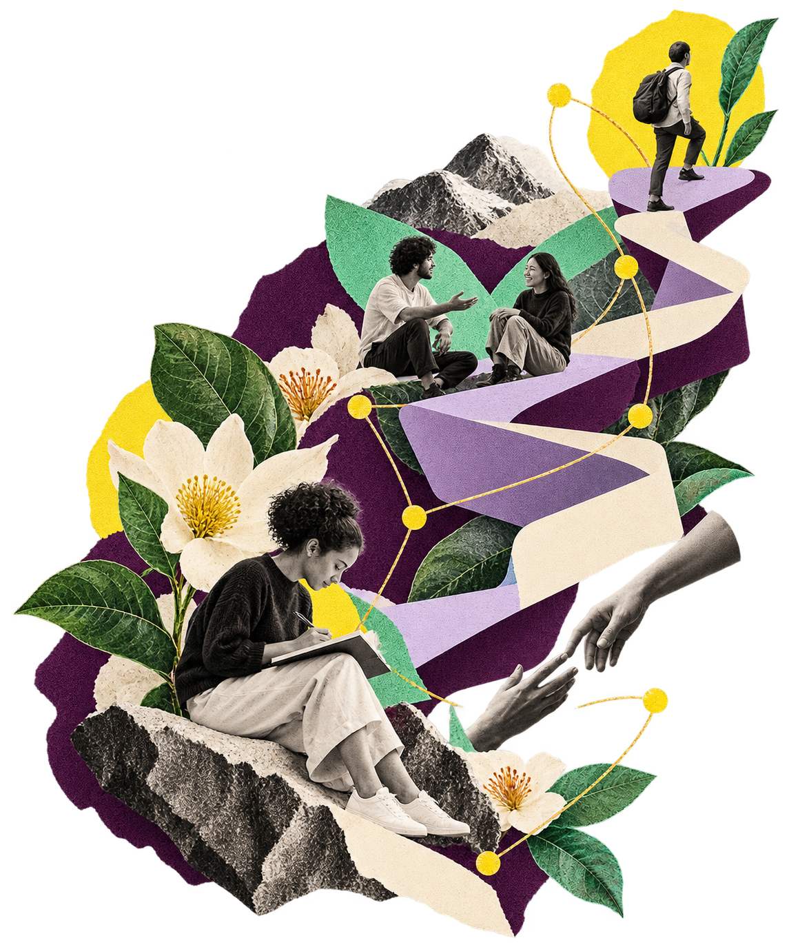 Editorial collage about learning, connection, community and action